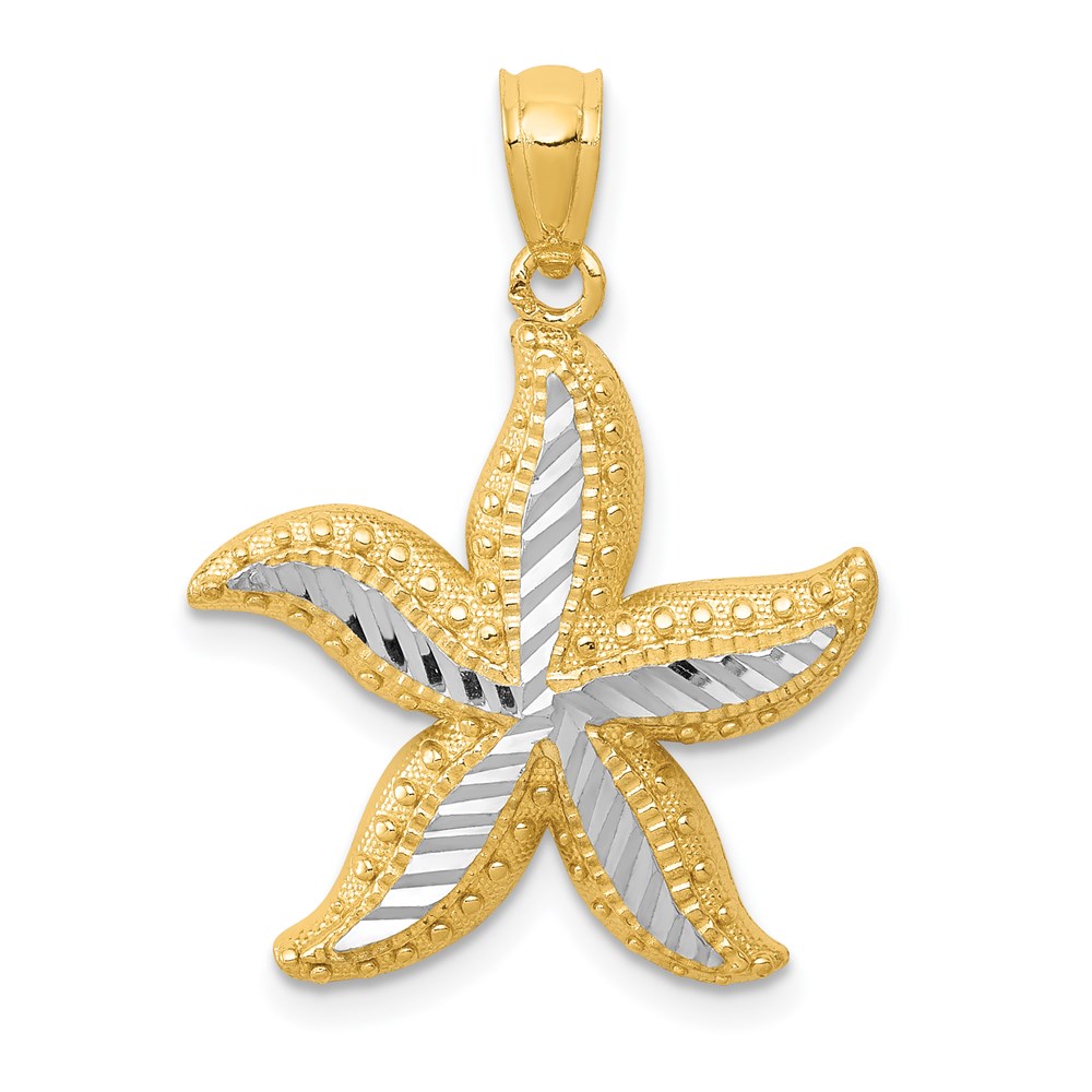 14k Yellow Gold and White Rhodium Starfish Pendant, 12mm or 19mm