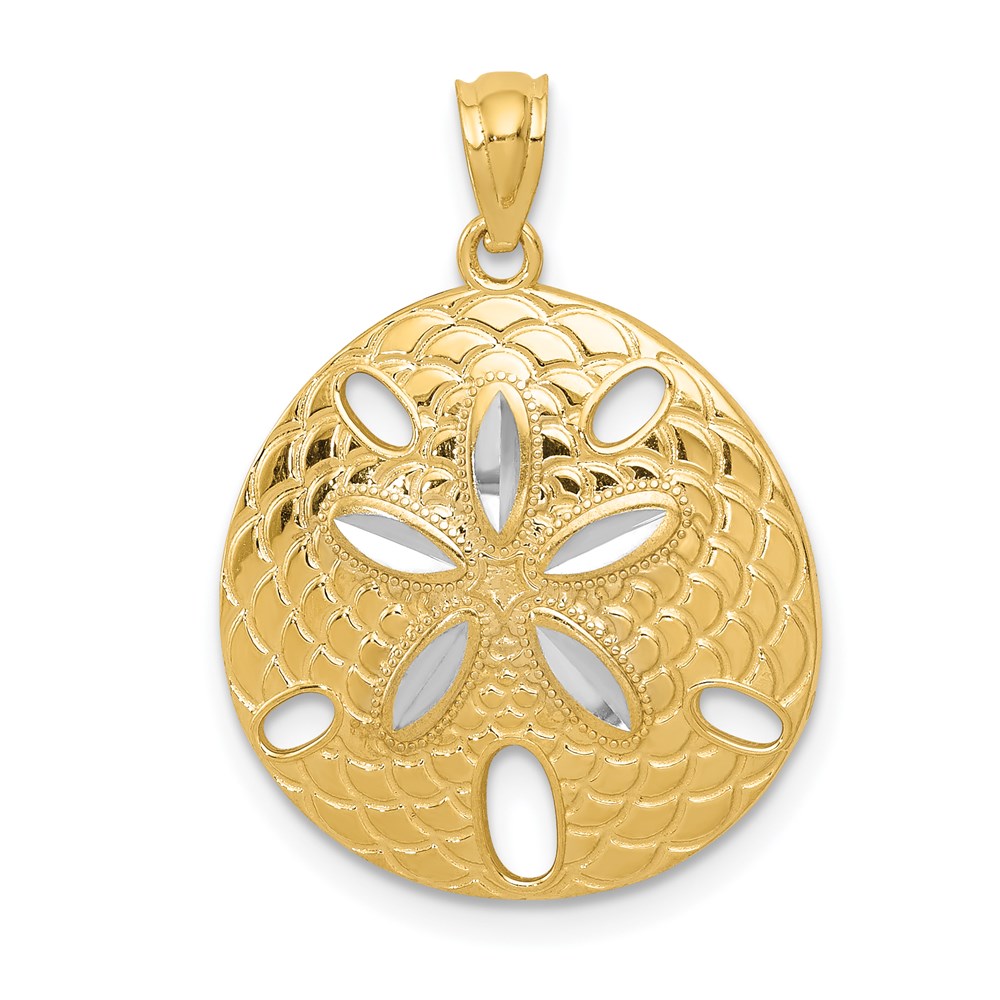 14k Yellow Gold and White Rhodium Sand Dollar Pendant, 15mm or 19mm