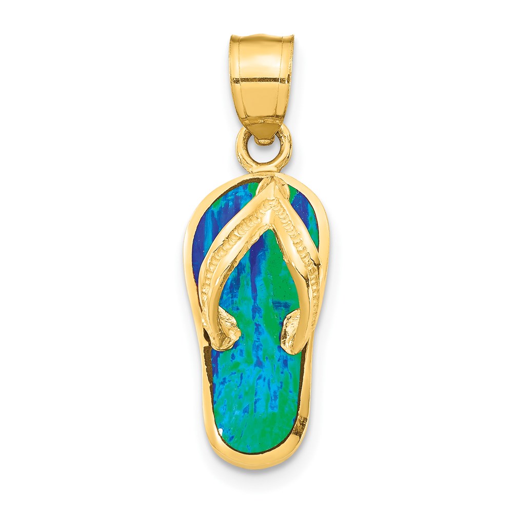 14k Yellow Gold and Created White or Blue Opal Flip Flop Pendant, 8mm