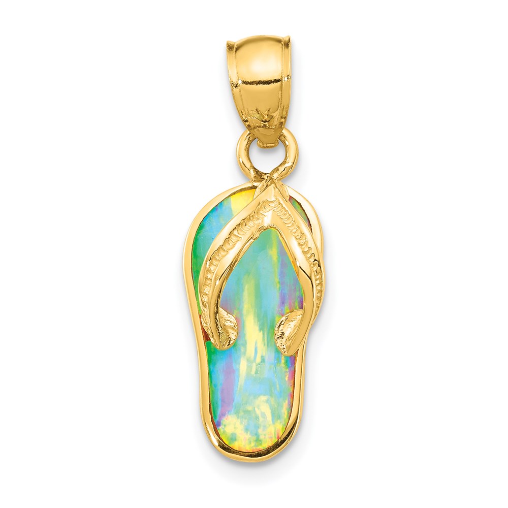14k Yellow Gold and Created White Opal Flip Flop Pendant, 8 x 25mm