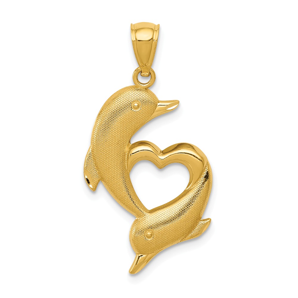 14k Yellow Gold Textured Dolphins and Heart Pendant, 17 x 33mm