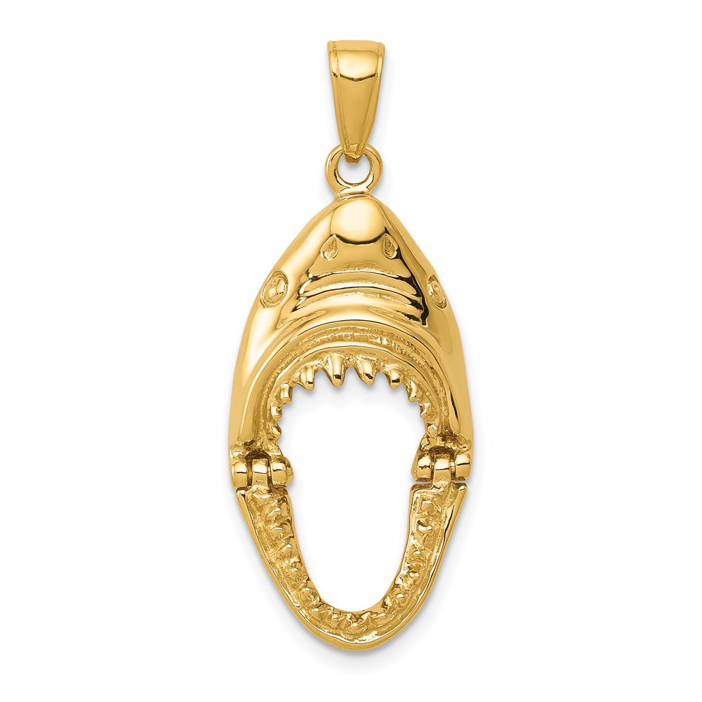14k Yellow Gold Moveable 2D Hinged Jaws Shark Head Pendant, 15 x 25mm