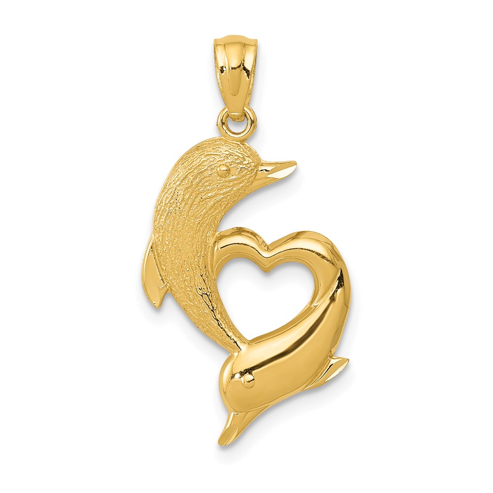 14k Yellow Gold Textured & Polished Dolphins & Heart Pendant, 14x25mm