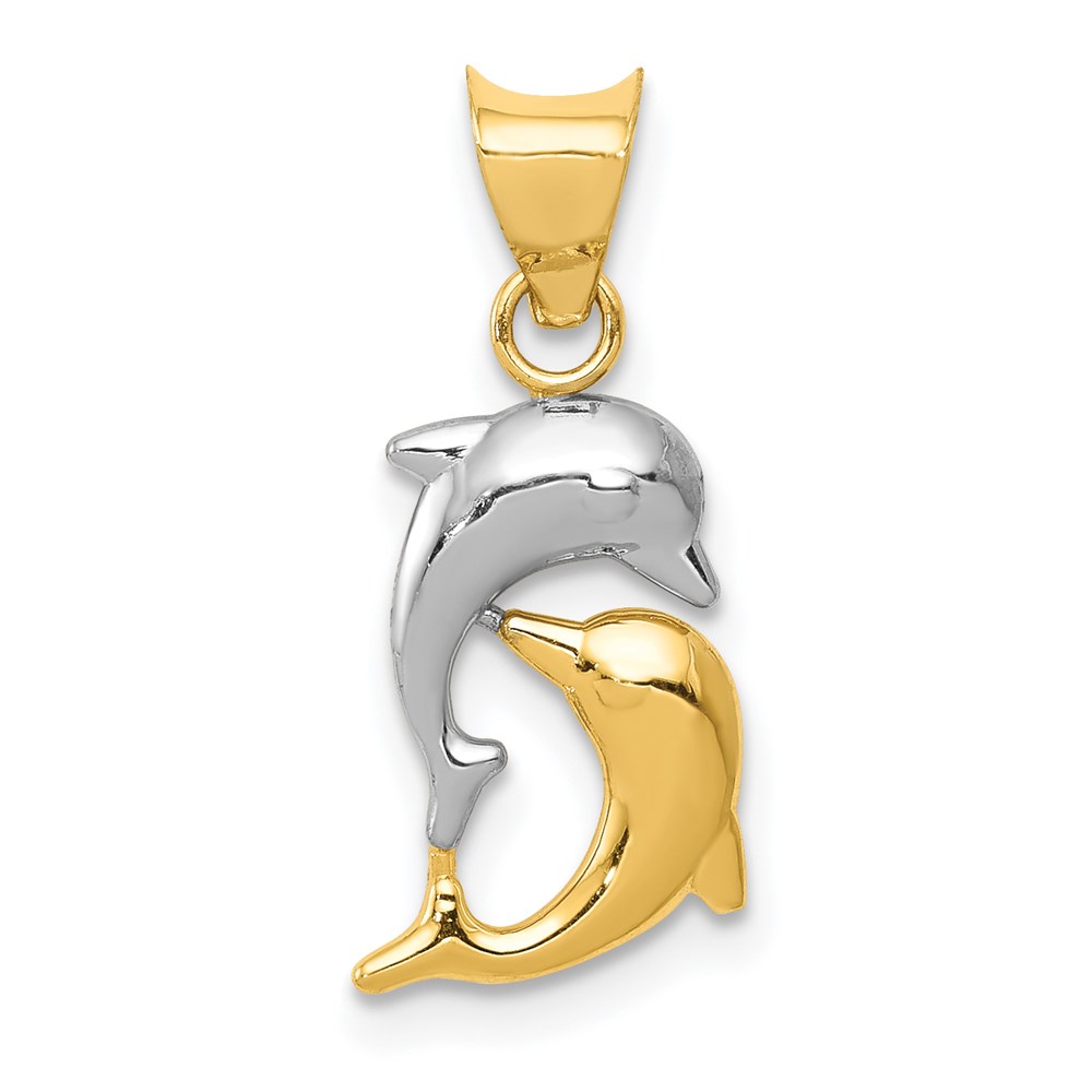 14k Yellow Gold and White Rhodium Double Dolphin Pendant, 8 x 20mm