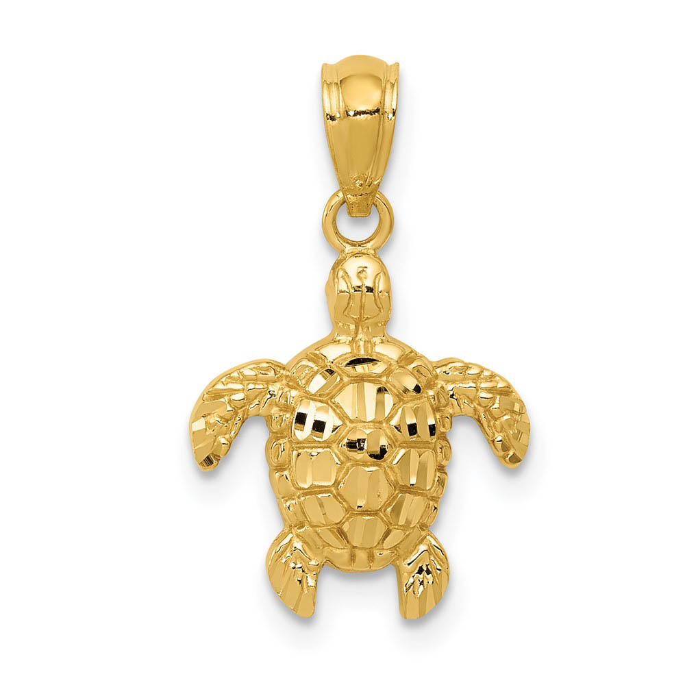 14k Yellow Gold Diamond-Cut Sea Turtle Pendant, 13mm (1/2 Inch)