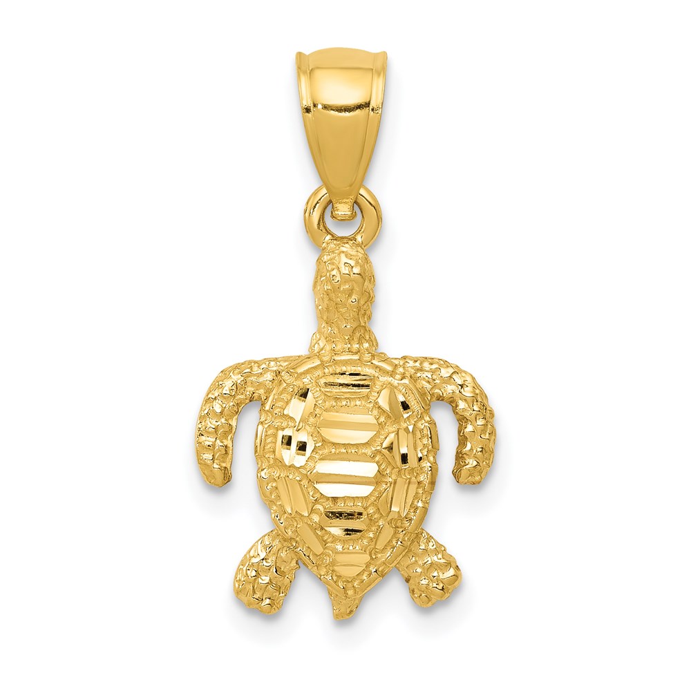 14k Yellow Gold 2D Diamond-Cut Sea Turtle Pendant, 13 x 23mm
