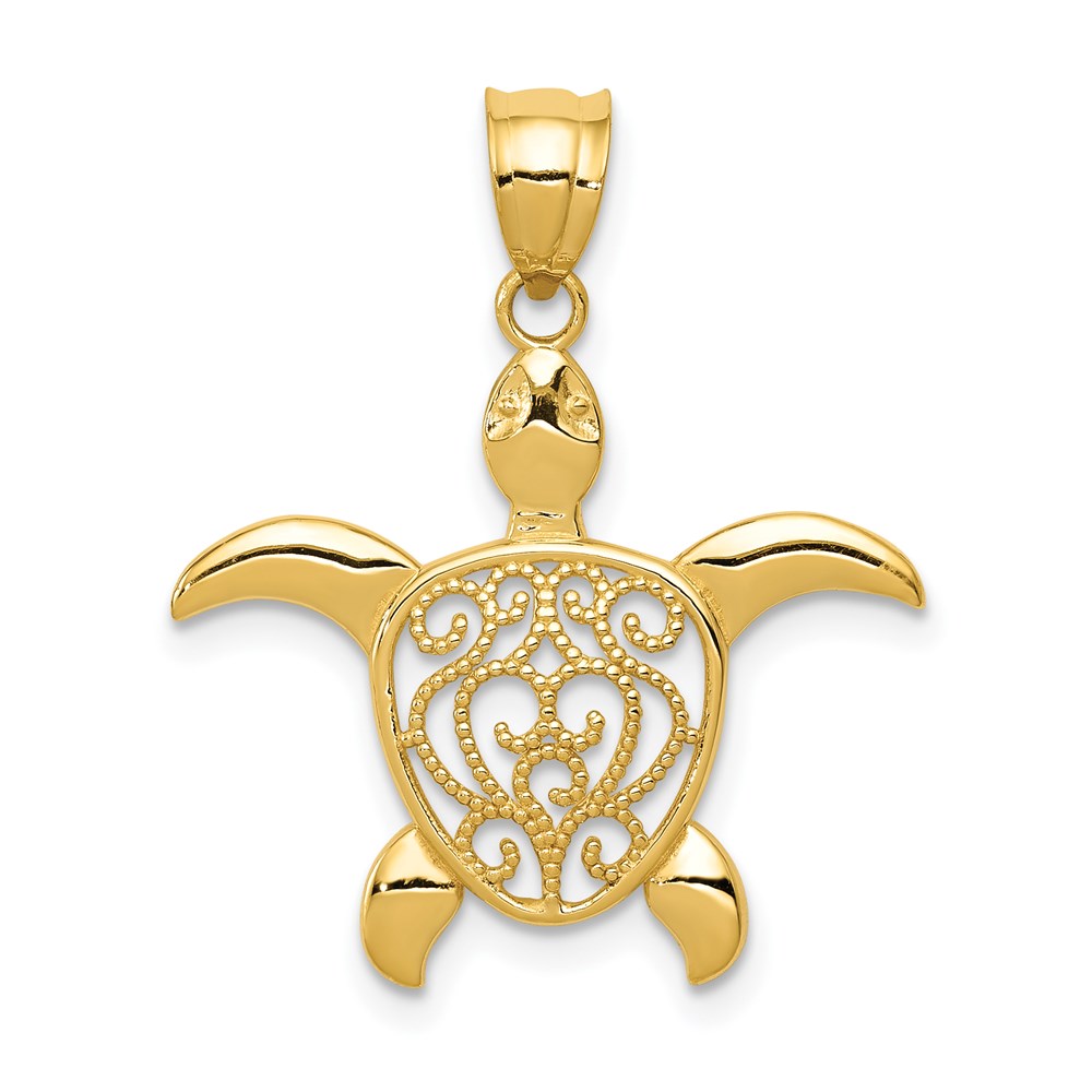 14k Yellow Gold Filigree Sea Turtle Pendant, 22mm (7/8 Inch)