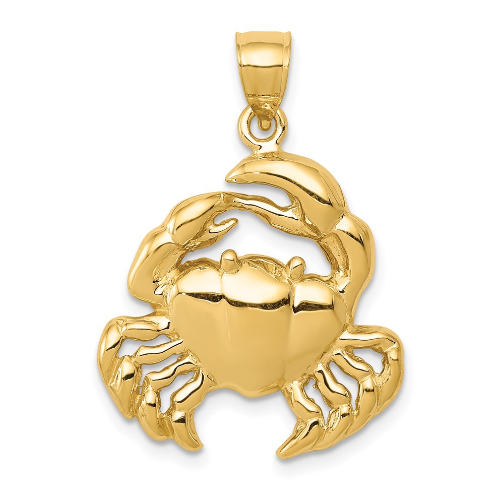 14k Yellow Gold Polished 2D Crab Pendant, 20 x 28mm (3/4 x 1 1/8 Inch)
