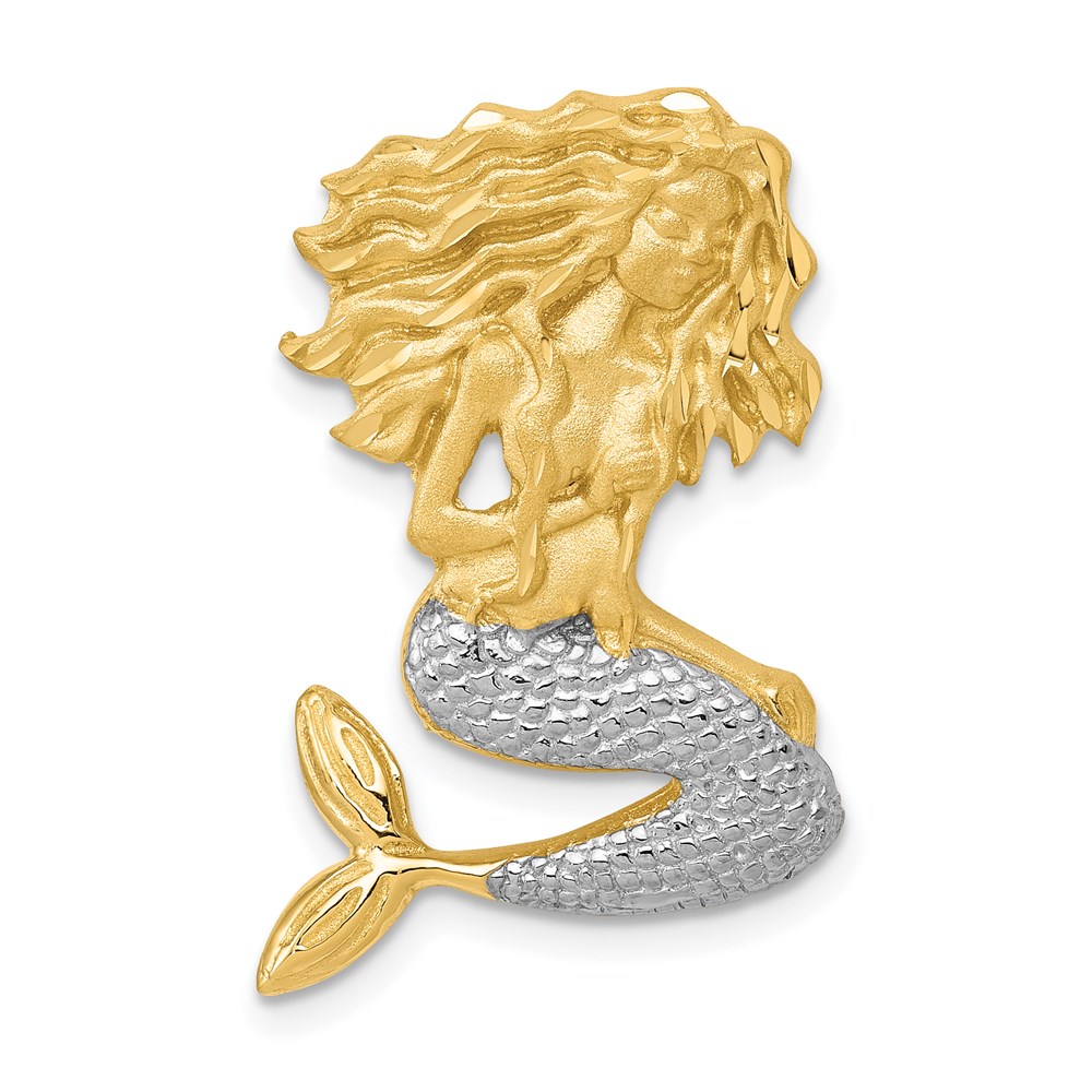 14k Yellow Gold and White Rhodium Mermaid Slide Pendant, 19 x 27mm
