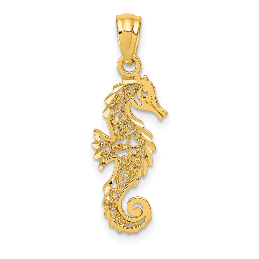 14k Yellow Gold Filigree Seahorse Pendant, 8 x 24mm