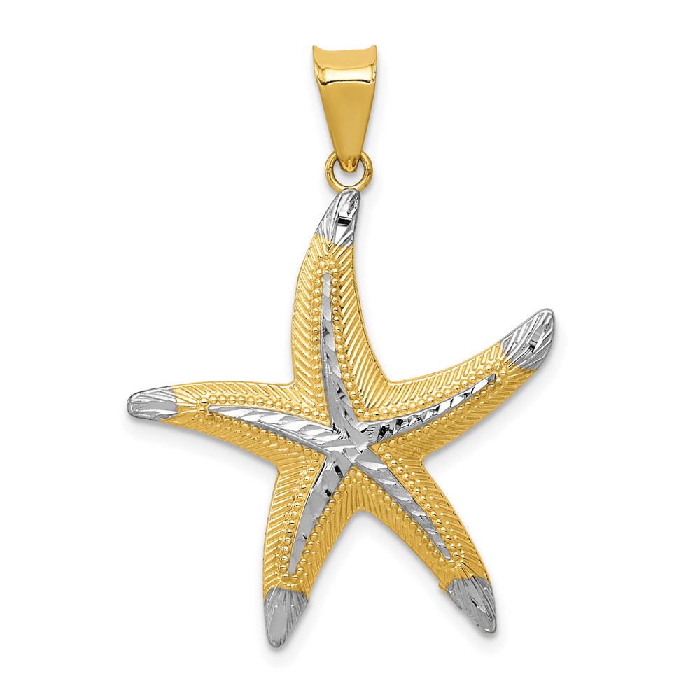 14k Yellow Gold and White Rhodium D/C Starfish Pendant, 26mm (1 Inch)