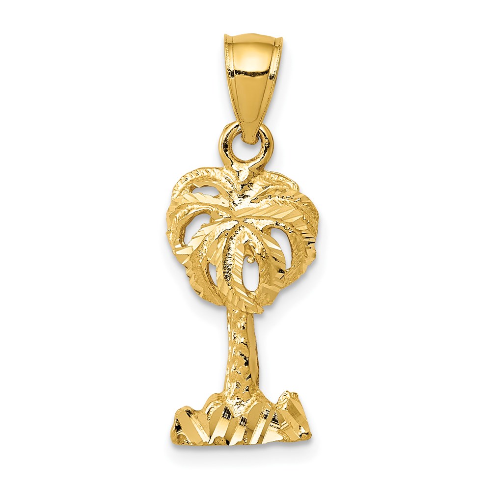 14k Yellow Gold Diamond-Cut Palm Tree Pendant, 10 x 25mm