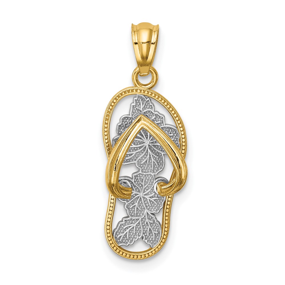 14k Yellow Gold and White Rhodium Floral Flip Flop Pendant, 9 x 24mm