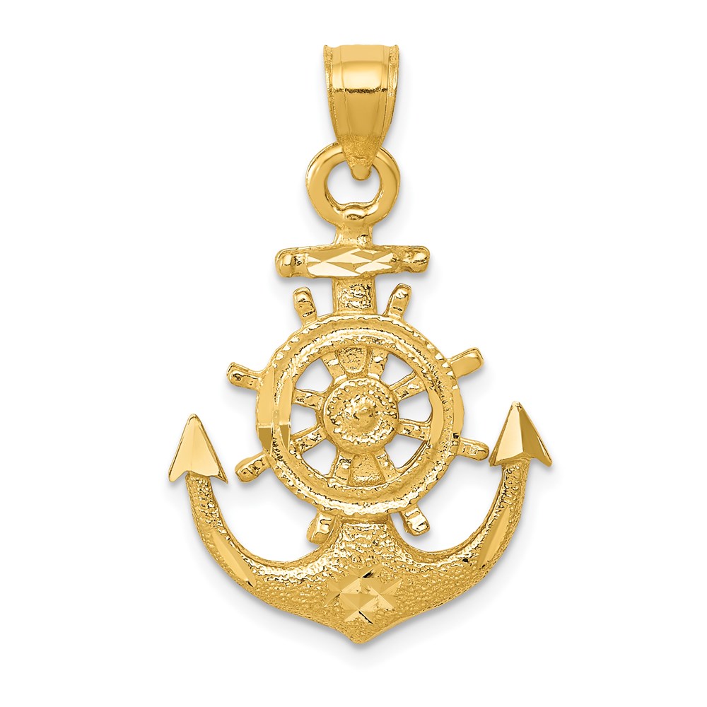 14k Yellow Gold Anchor and Ships Wheel Pendant, 19 x 29mm