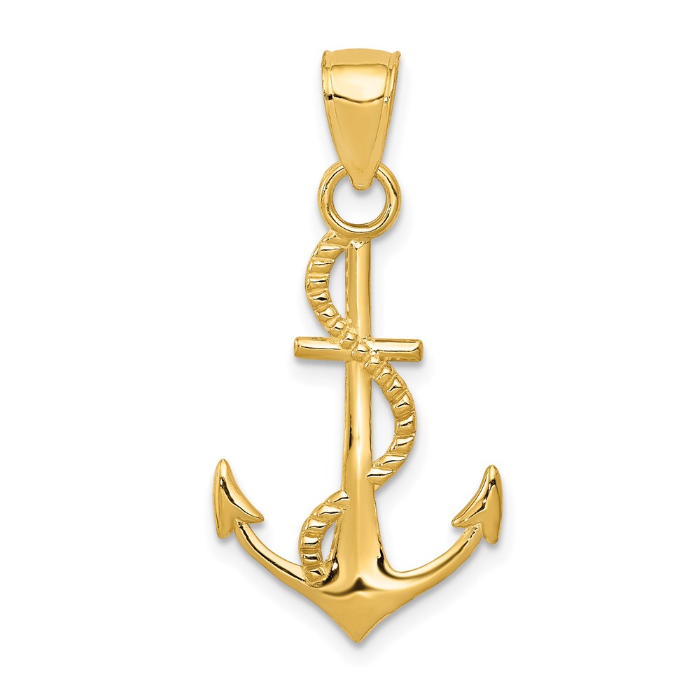14k Yellow Gold Anchor with Rope Pendant, 16 x 32mm