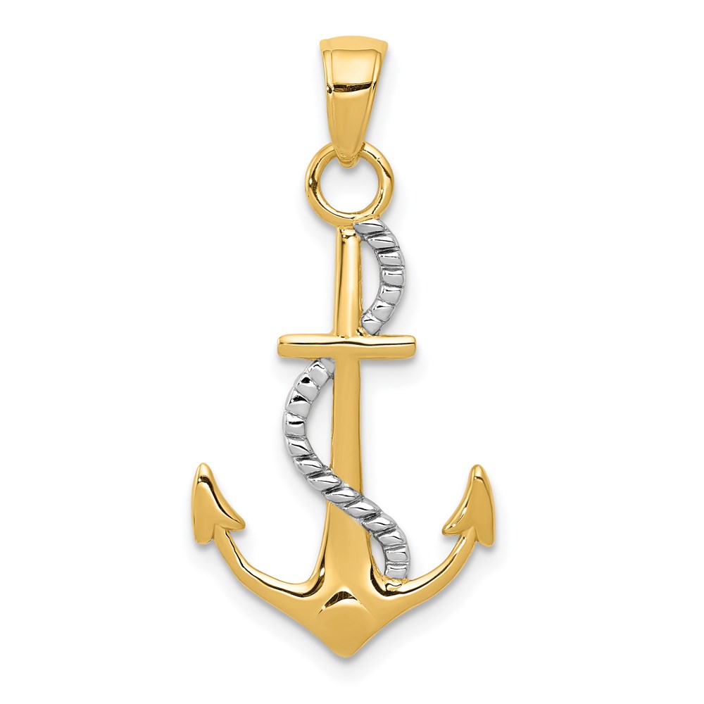 14k Two Tone Gold Anchor with Rope Pendant, 16 x 32mm