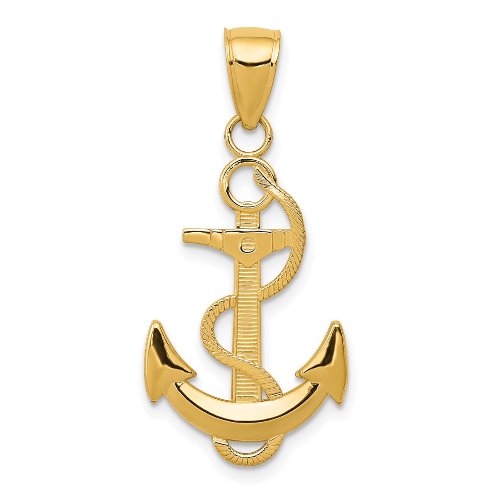 14k Yellow Gold Anchor with Textured Rope Pendant, 15 x 33mm