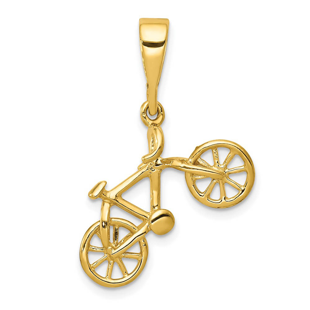14k Yellow Gold Solid 3D Bicycle Pendant, 19 x 26mm (3/4 x Inch)