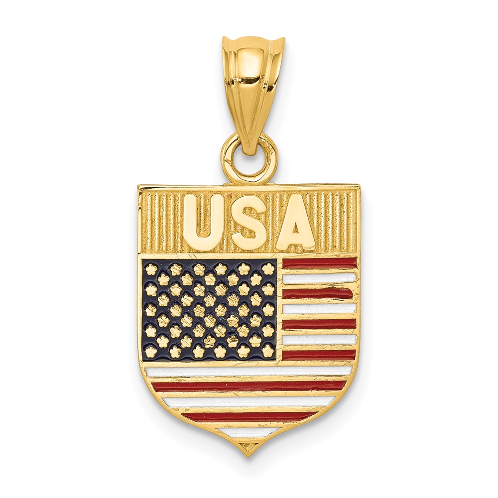 14k Yellow Gold and Enameled USA Flag Shield Pendant, 14 x 24mm