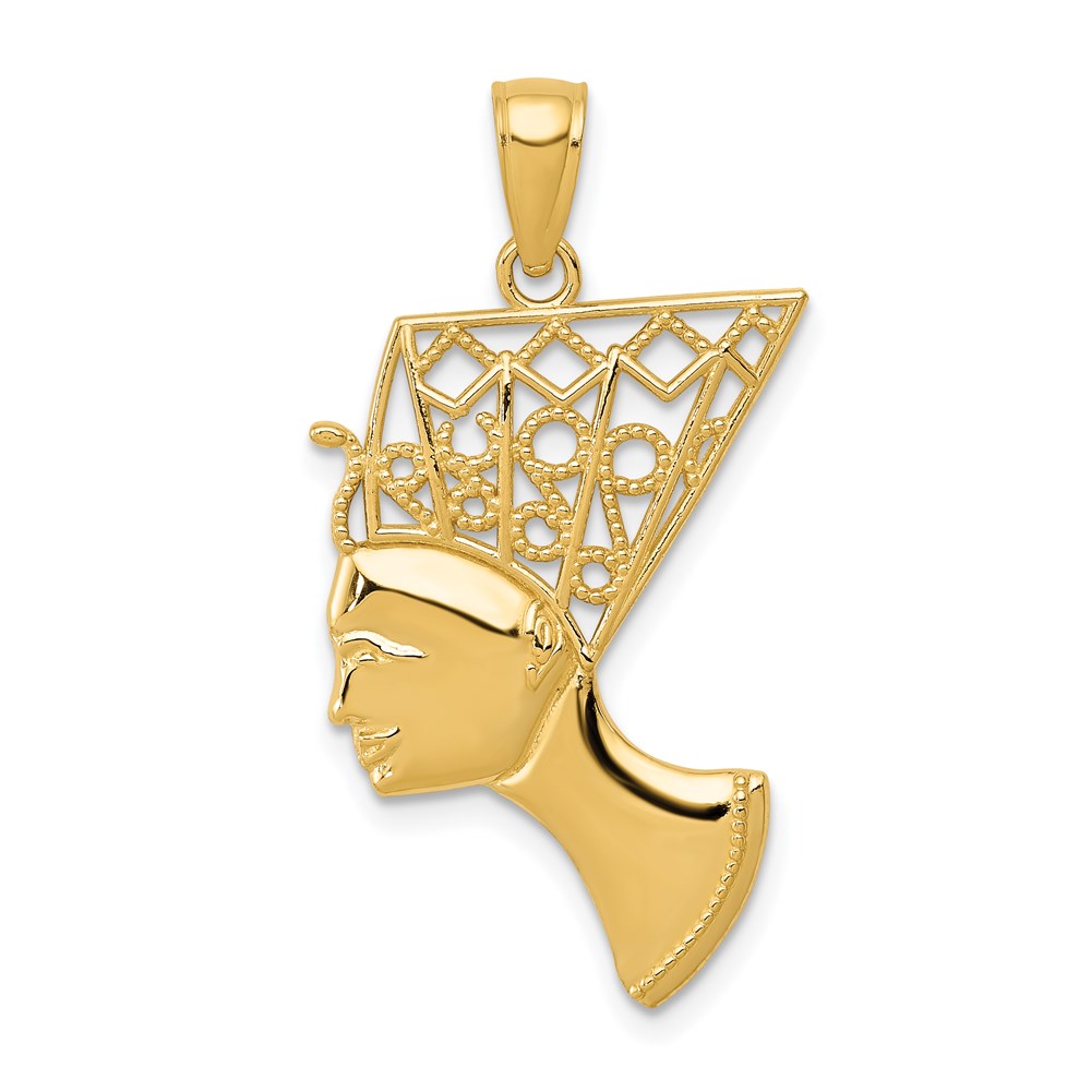 14k Yellow Gold Filigree Egyptian Nefertiti Profile Pendant, 18 x 31mm