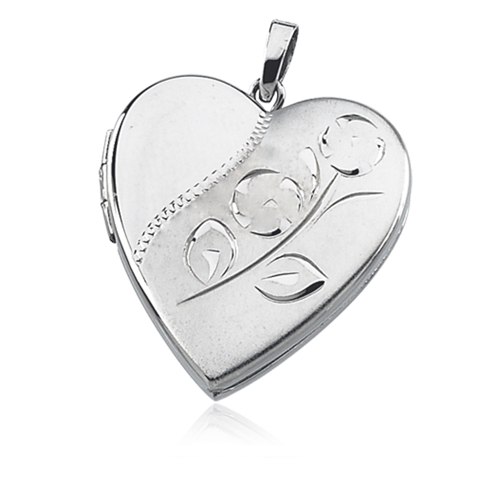 Sterling Silver Heart Shaped and Rose Etched Locket Sterling Silver Heart Shaped and Rose Etched Locket