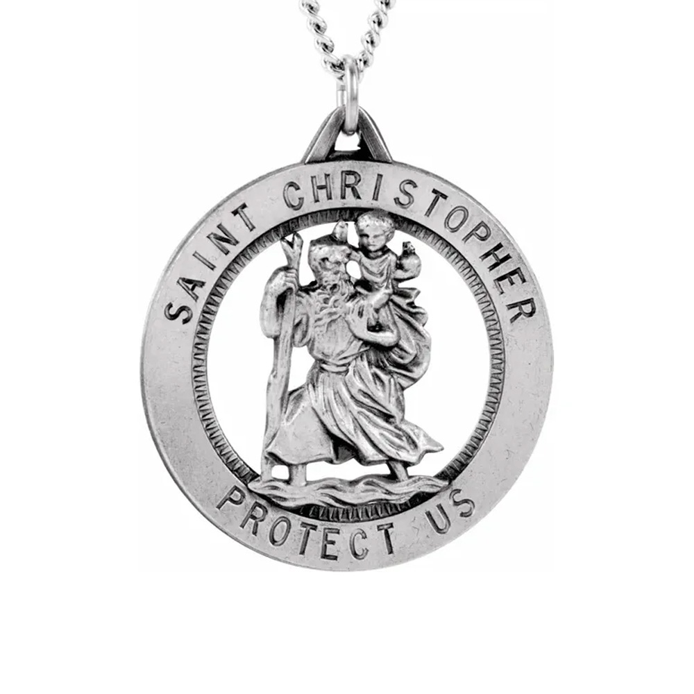 Sterling Silver 25mm St. Christopher Medal Necklace, 24 Inch