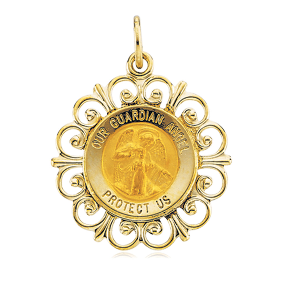 14k Yellow Gold Guardian Angel Medal Pendant, 19mm (3/4 Inch)