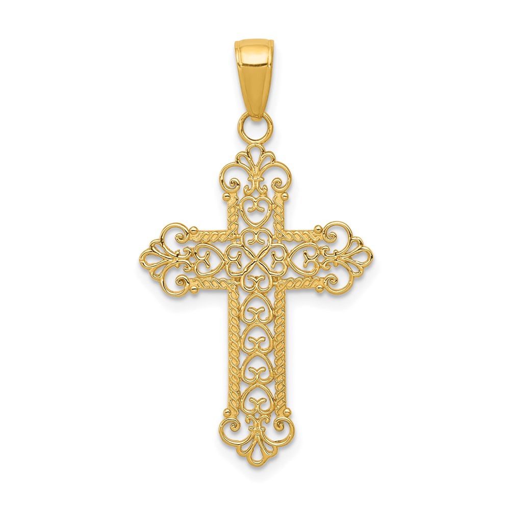 14k Yellow Gold Fleur de lis Cross Pendant, 19 x 35mm