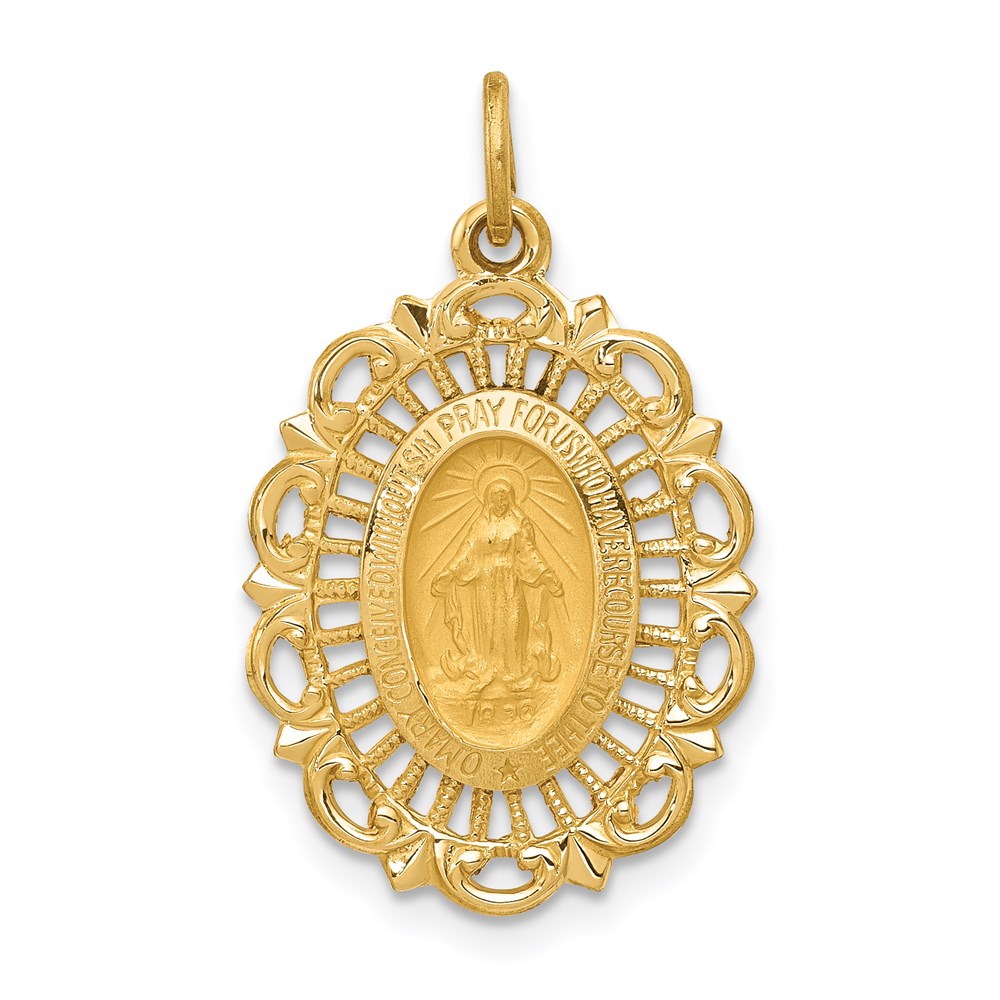 14k Yellow Gold, Oval Filigree Miraculous Medal Charm, 15 x 25mm