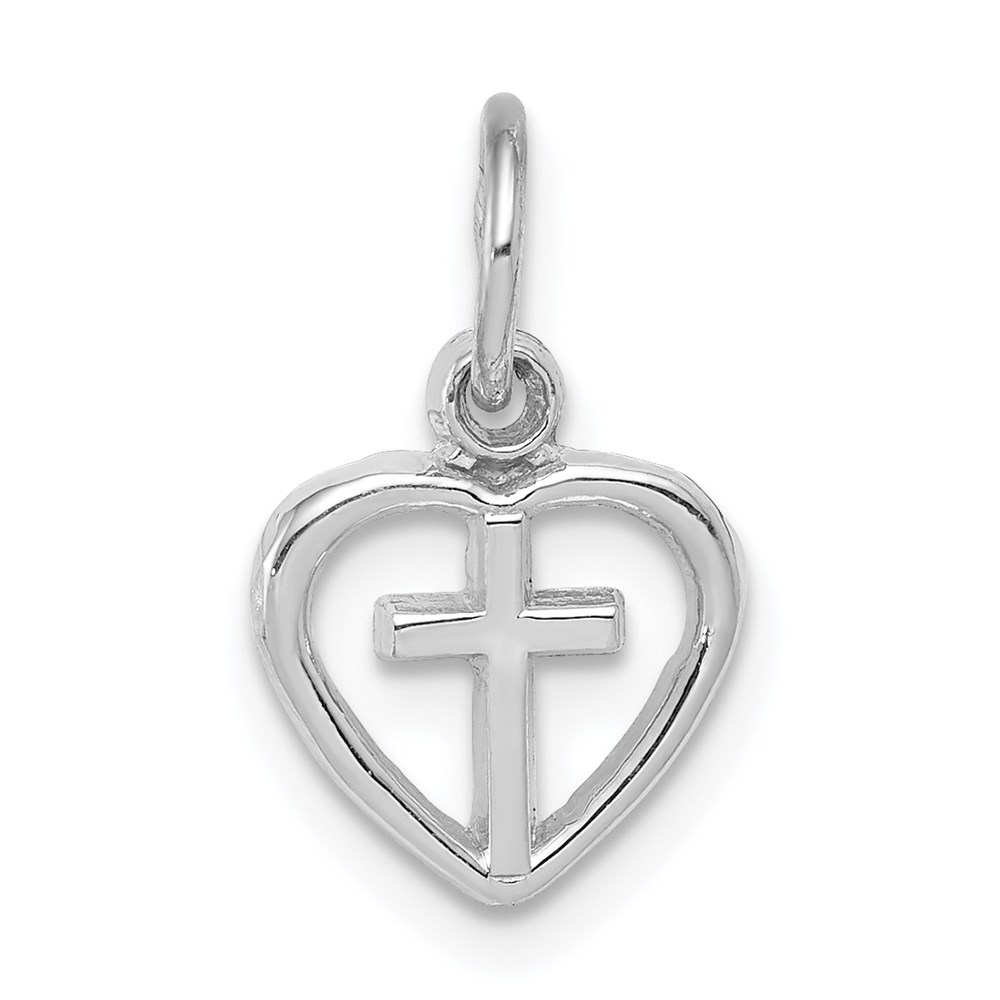 14k White Gold Cross in Heart Charm, 9mm