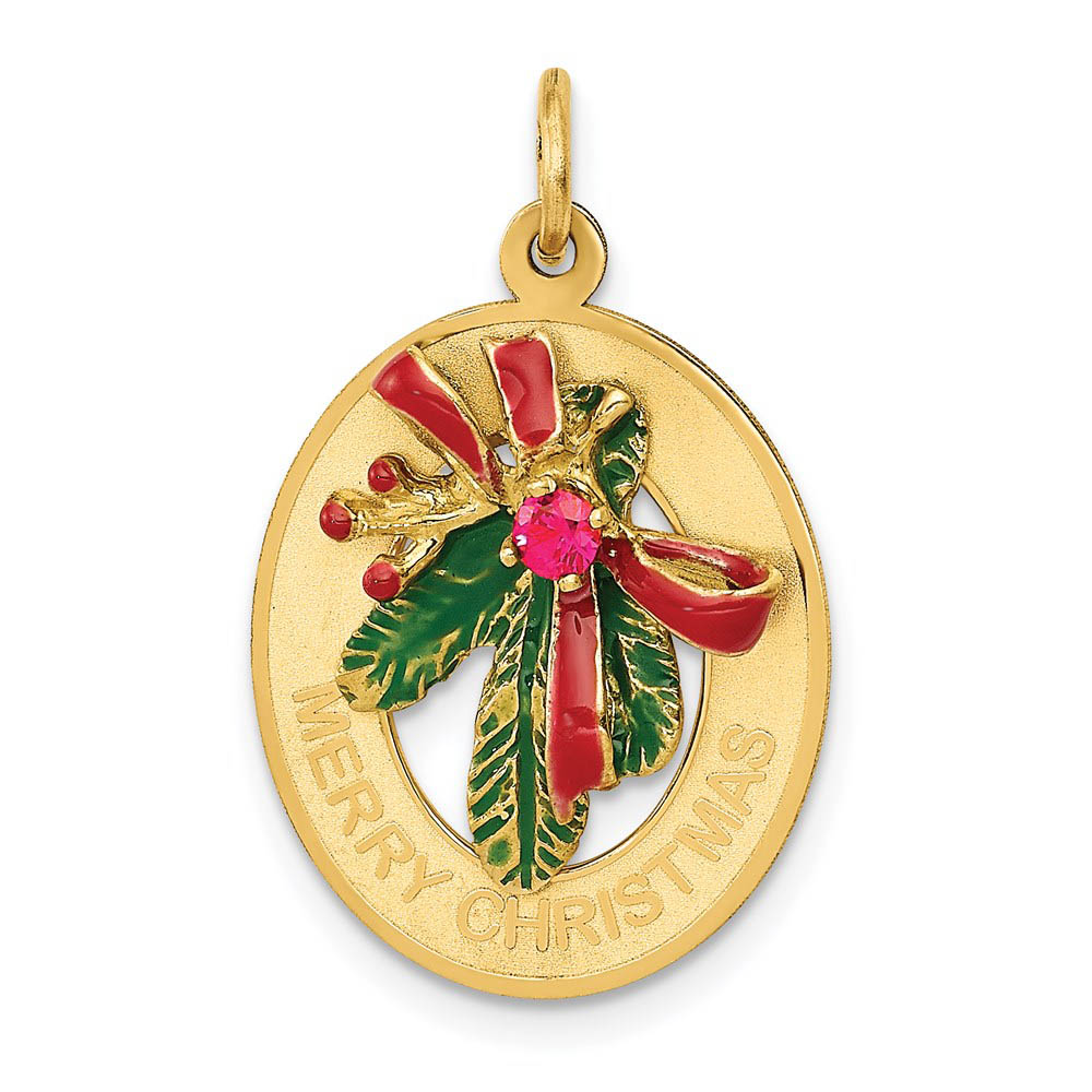 14k Yellow Gold, CZ & Enameled Mistletoe Charm