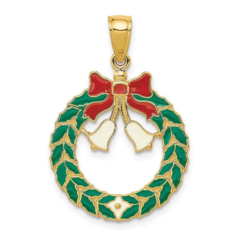 14k Yellow Gold, Enameled Christmas Wreath Pendant