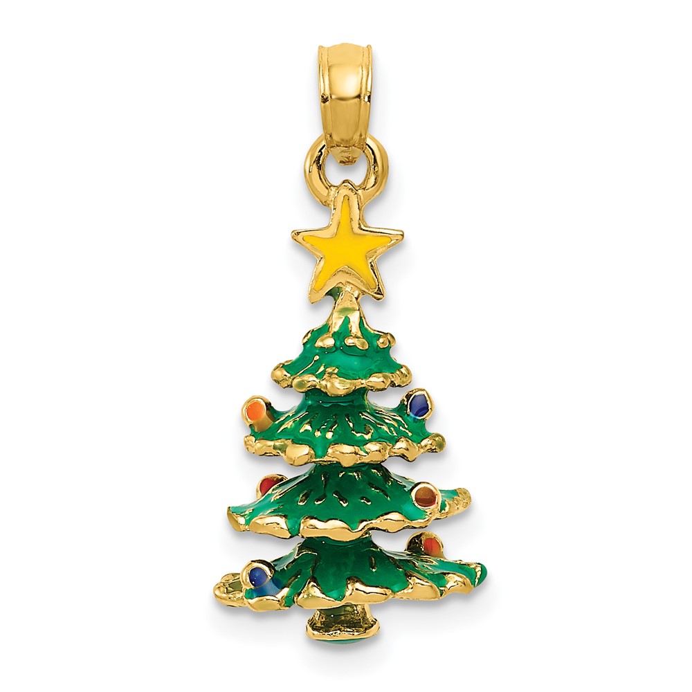 14k Yellow Gold, 3D Enameled Christmas Tree Charm