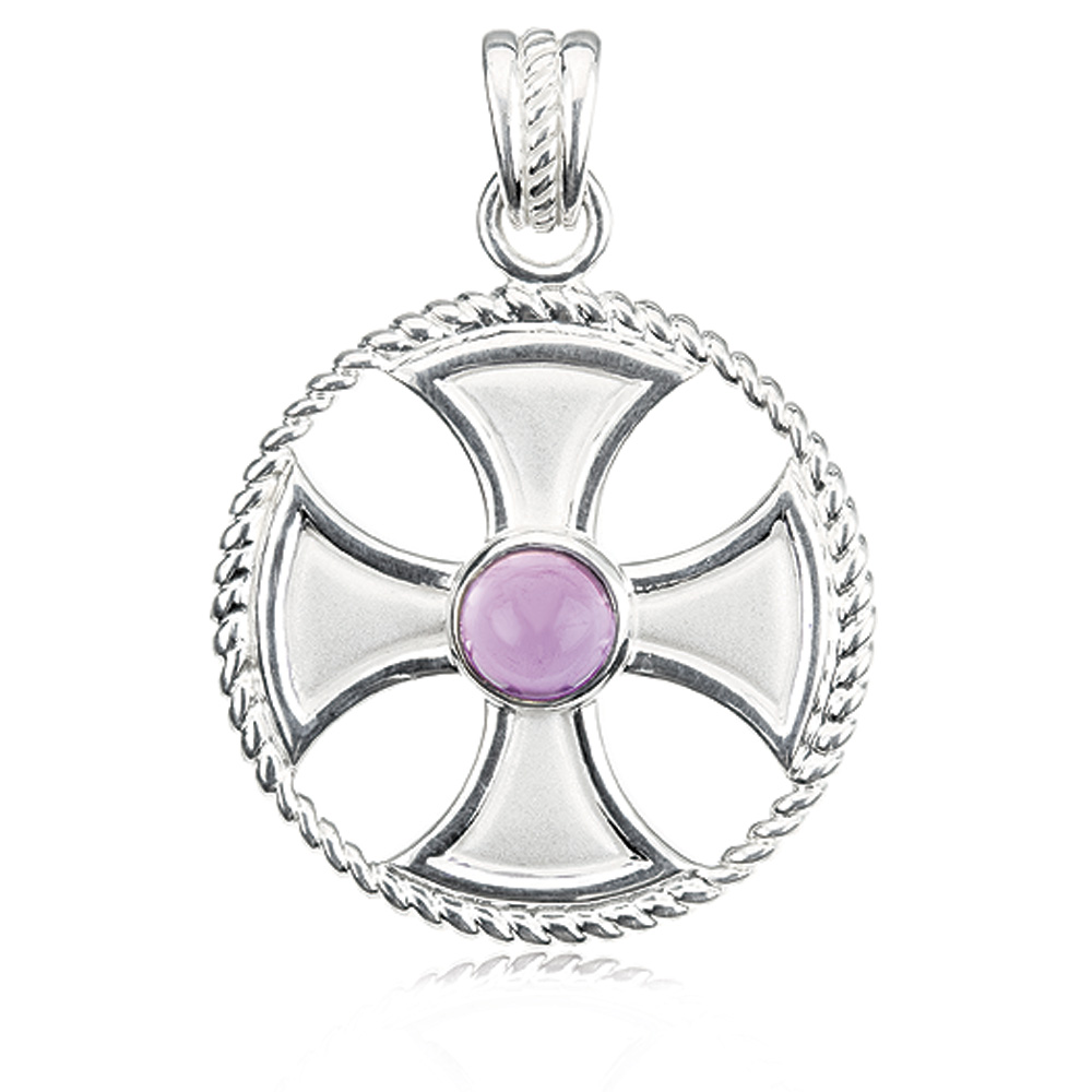 Sterling Silver and Amethyst Maltese Rope Cross Pendant