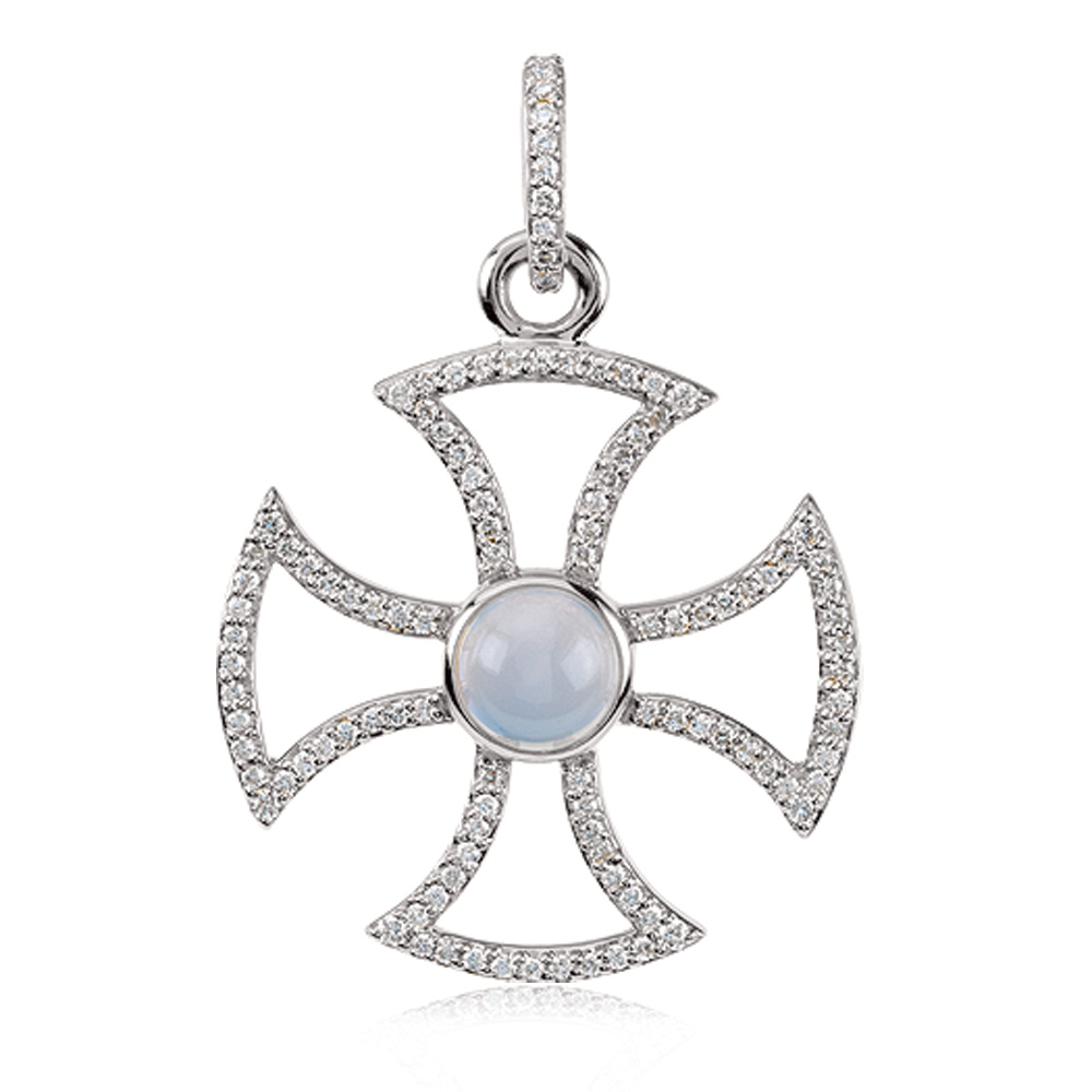 14k White Gold .75 Ctw Diamond & Chalcedony Maltese Cross Pendant