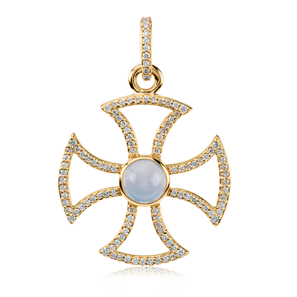 14k Yellow Gold .75 Ctw Diamond & Chalcedony Maltese Cross Pendant