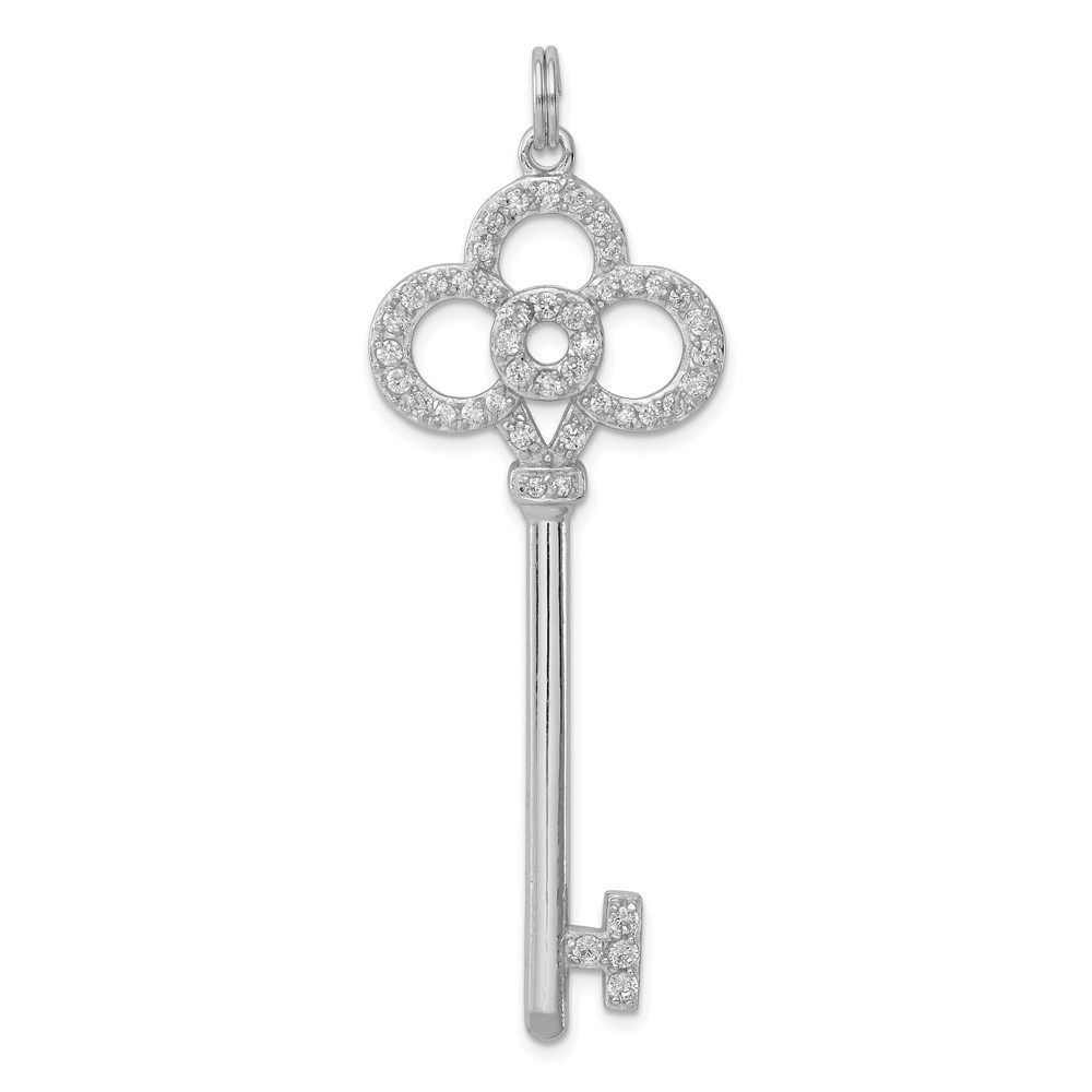 Sterling Silver Four Ring Cubic Zirconia Key Pendant, 1 7/8 Inch