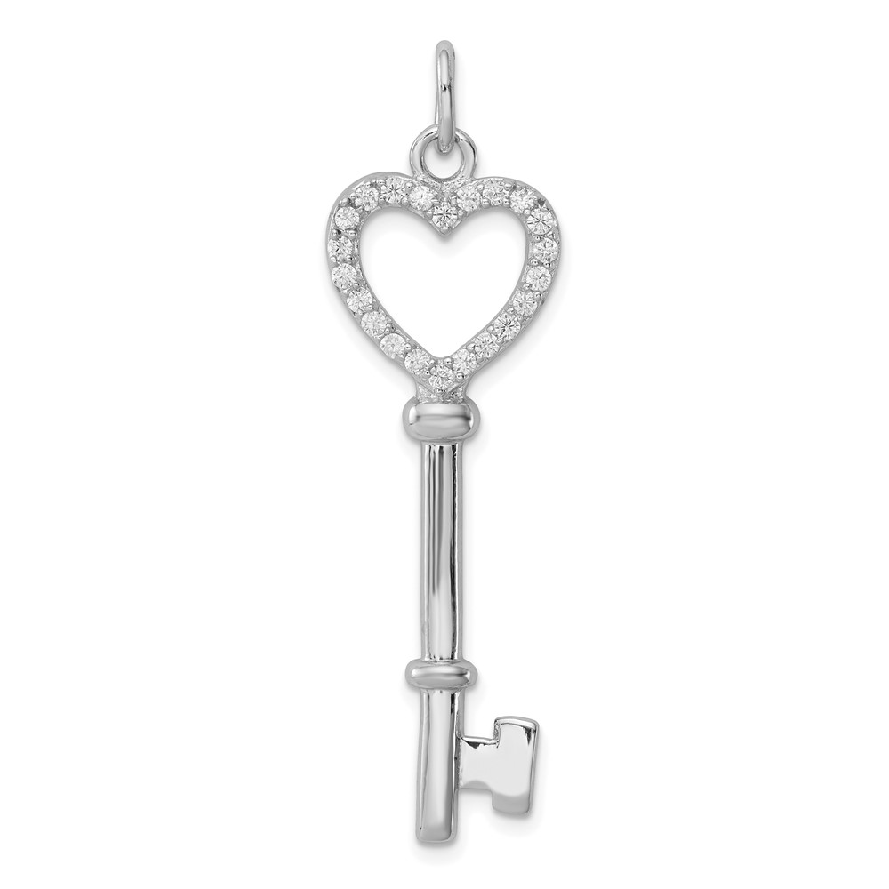 Rhodium Plated Sterling Silver and CZ Encrusted Heart Key Pendant