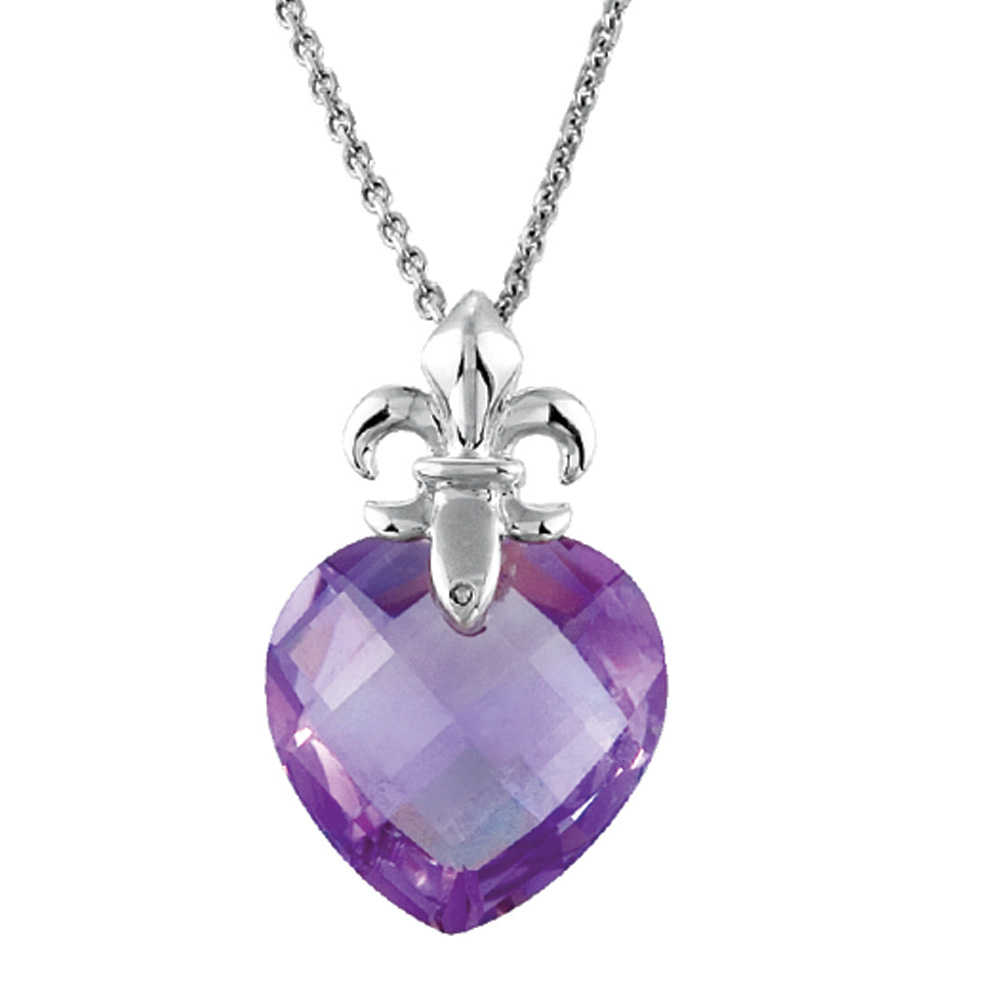 Amethyst Heart with Sterling Silver Fleur-de-lis Bail Pendant