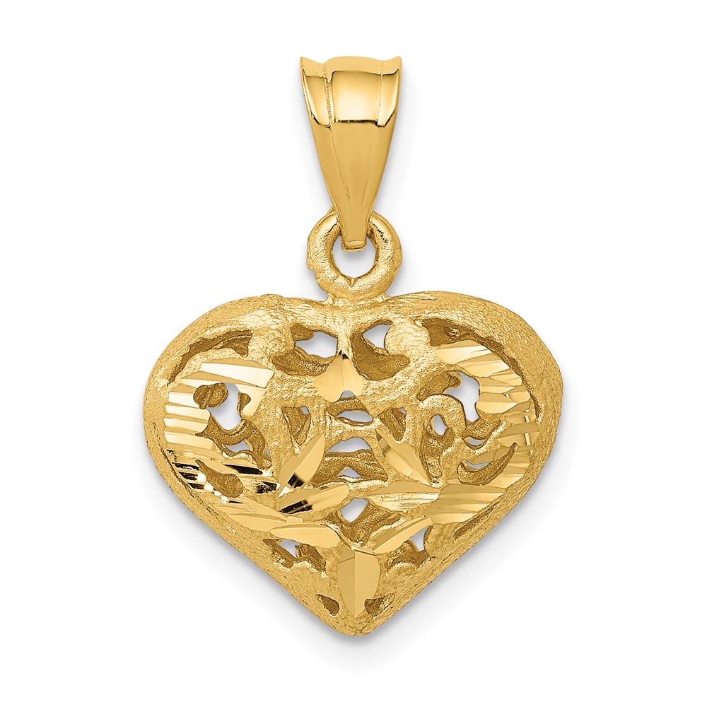 14k Yellow Gold Diamond Cut Puffed Heart Pendant, 15mm