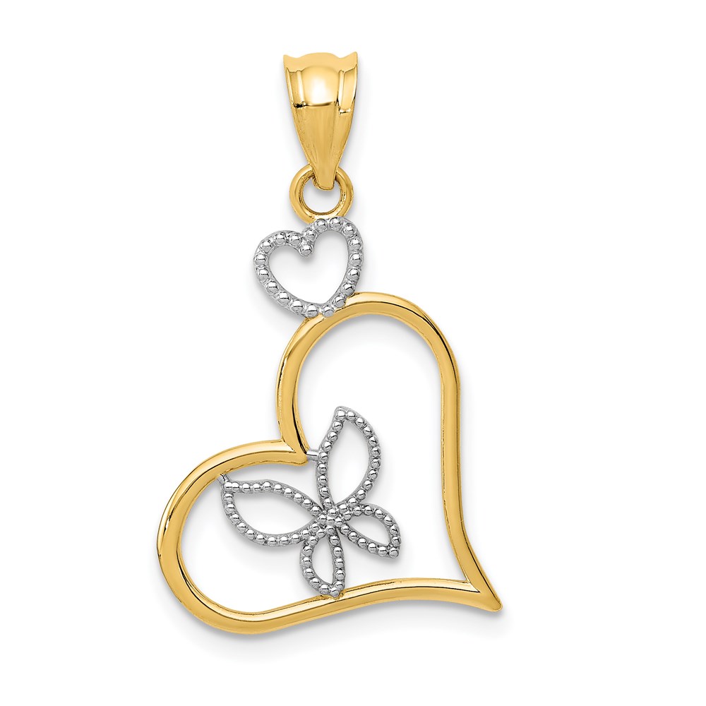 14k Yellow Gold and Rhodium Heart Pendant, 18mm