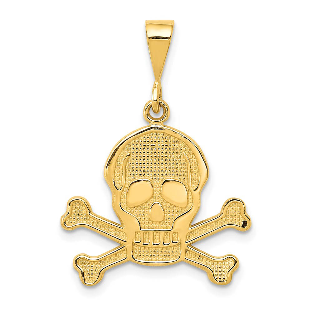 14k Yellow Gold Textured Skull and Crossbones Pendant