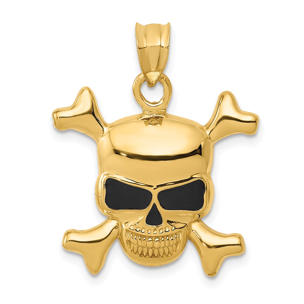 14k Yellow Gold Black Enameled Skull and Crossbones Pendant