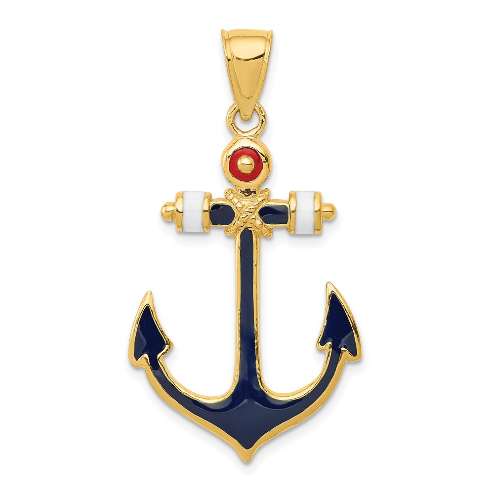 14k Yellow Gold Red, White and Blue Enameled Anchor Pendant