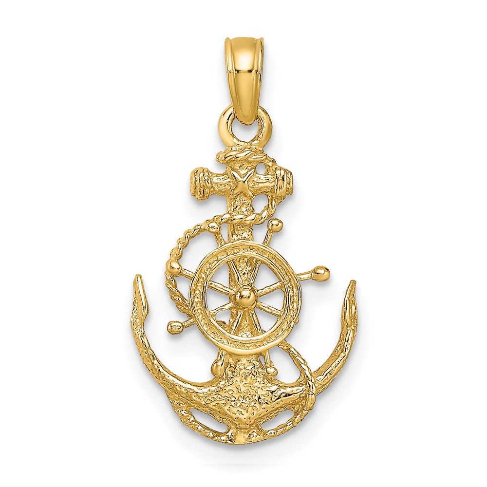 14k Yellow Gold Small Anchor, Ship's Wheel and Rope Pendant