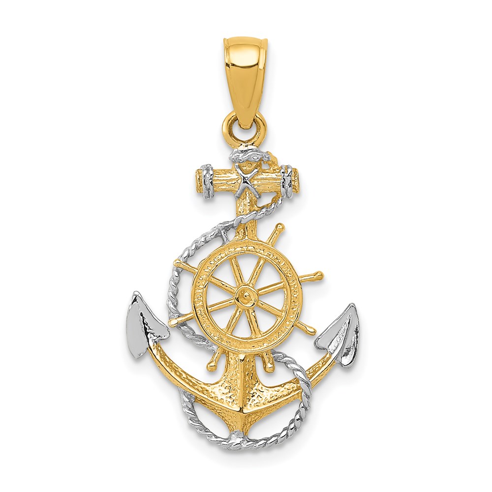 14k Yellow Gold & White Rhodium Anchor, Ship's Wheel & Rope Pendant