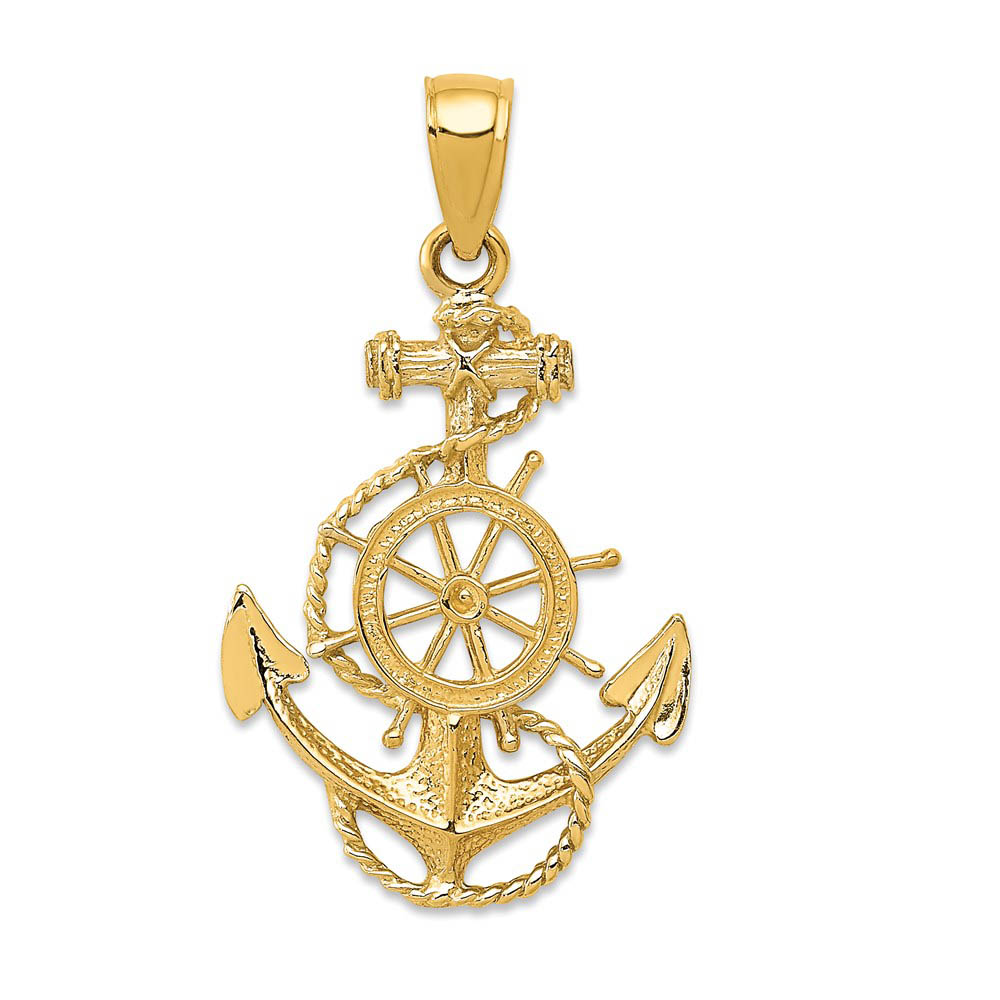 14k Yellow Gold Small 2D Anchor, Ship's Wheel and Rope Pendant