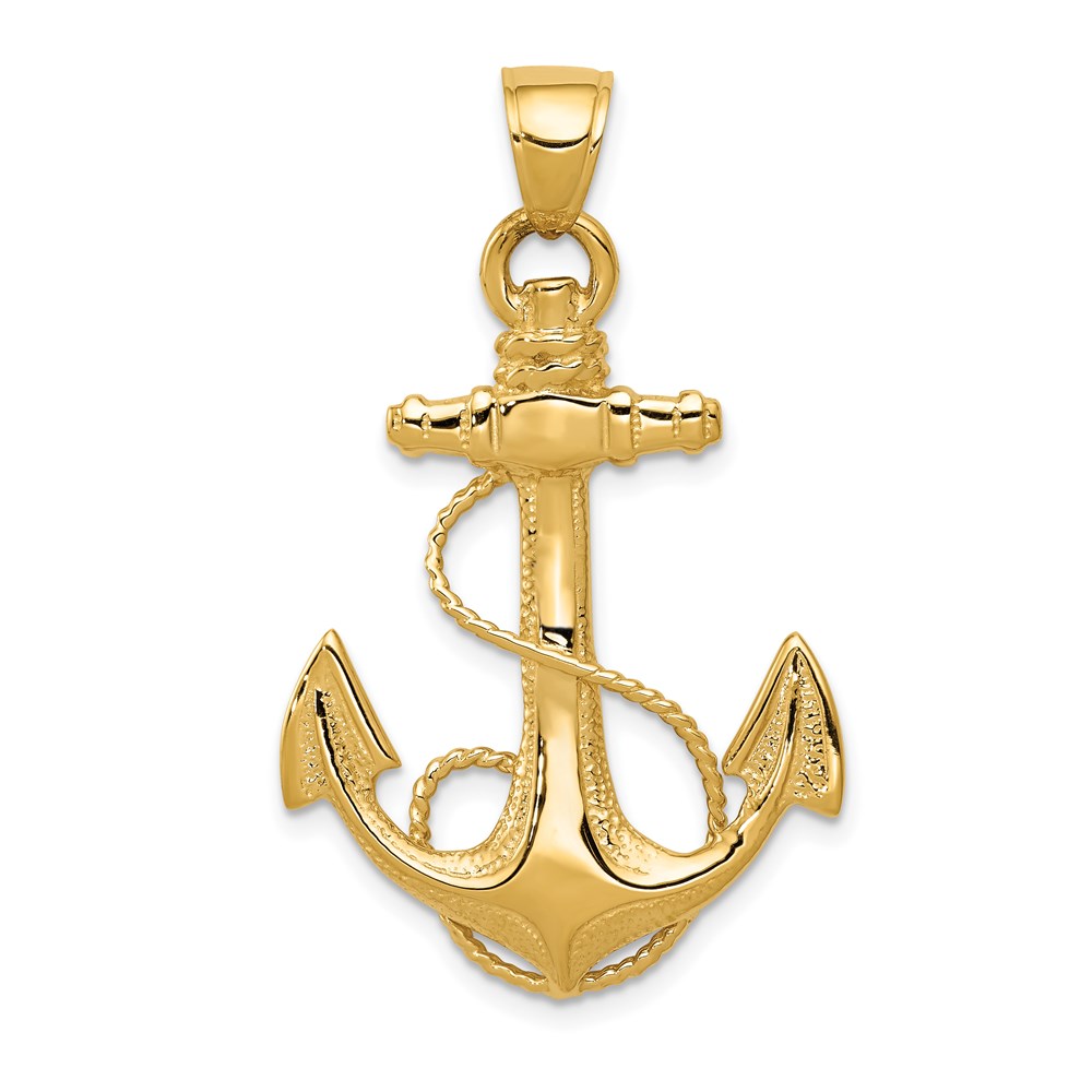 Mens 14k Yellow Gold Large Textured & Polished Anchor Pendant, 25x40mm