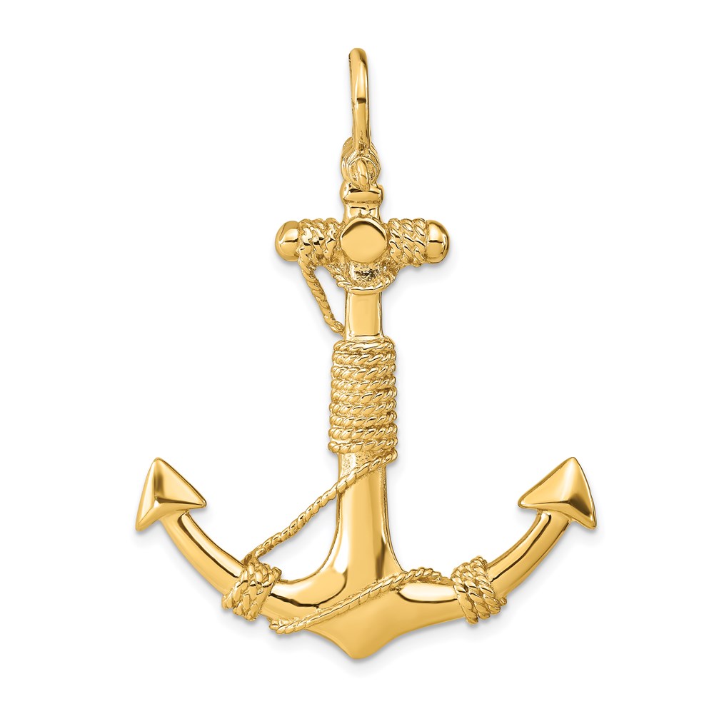 14k Yellow Gold Large 3D Admiralty Anchor with Rope Pendant