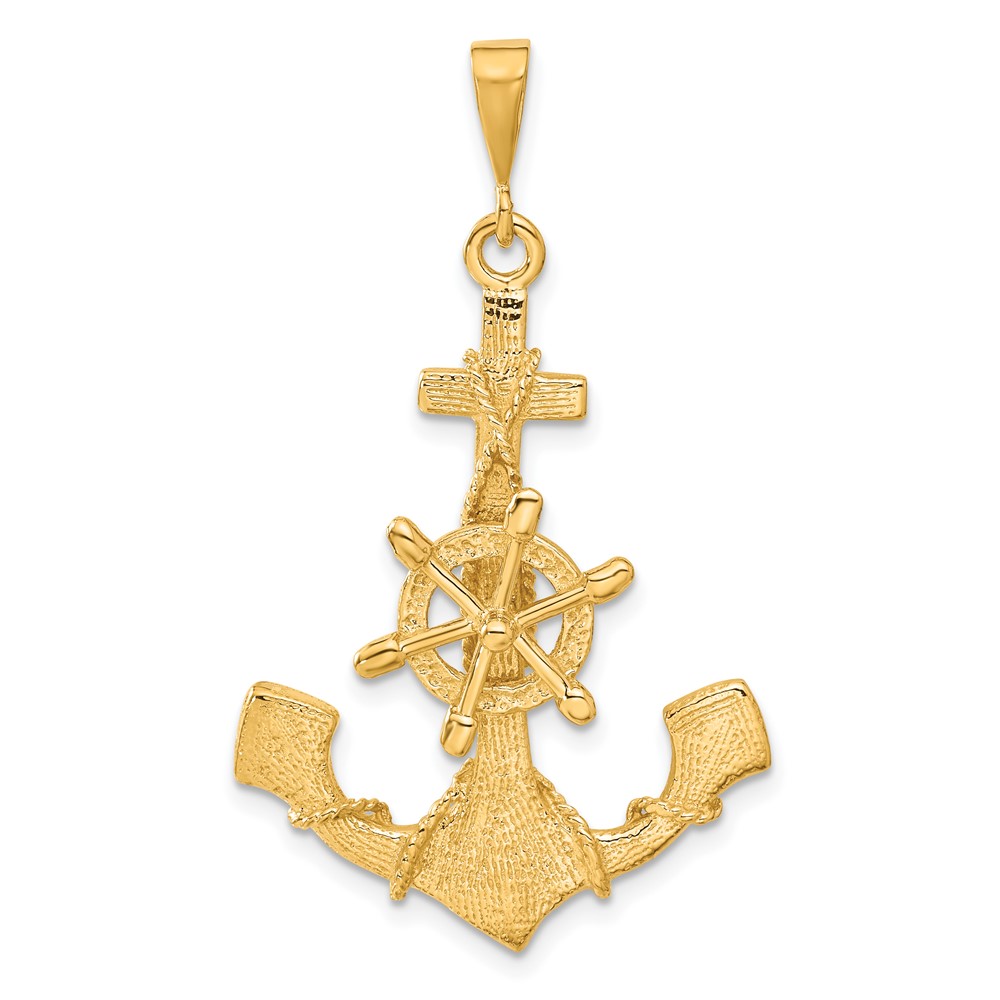 14k Yellow Gold Satin Anchor with Wheel and Rope Pendant
